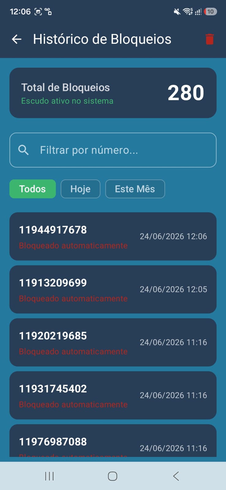 Tela de histórico de chamadas
